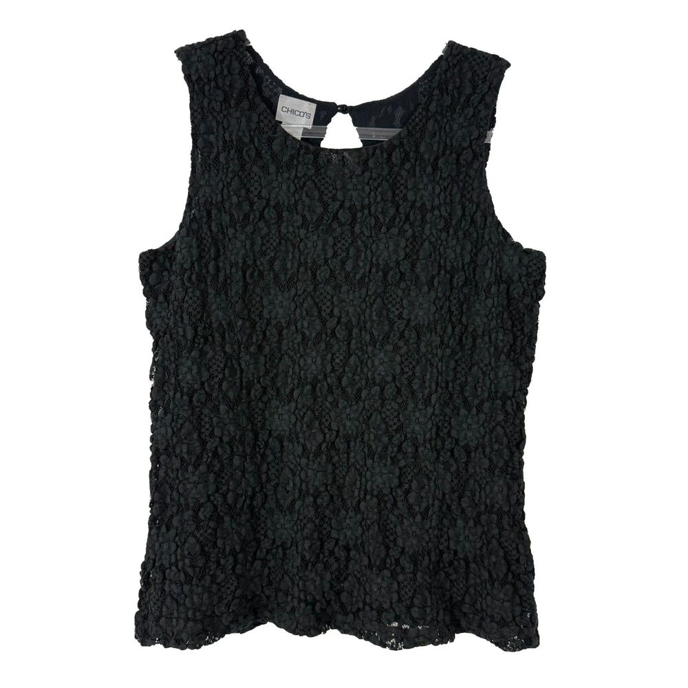CHICO’S Lace Mesh Lined Tank Top Size 1 M Black Stretch Cotton Blend EUC B87